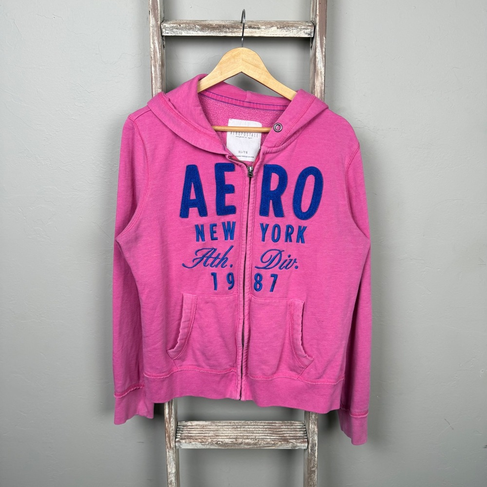 Vintage Y2K 2000s Aeropostale Women's Pink Spellout Zip Hoodie XL